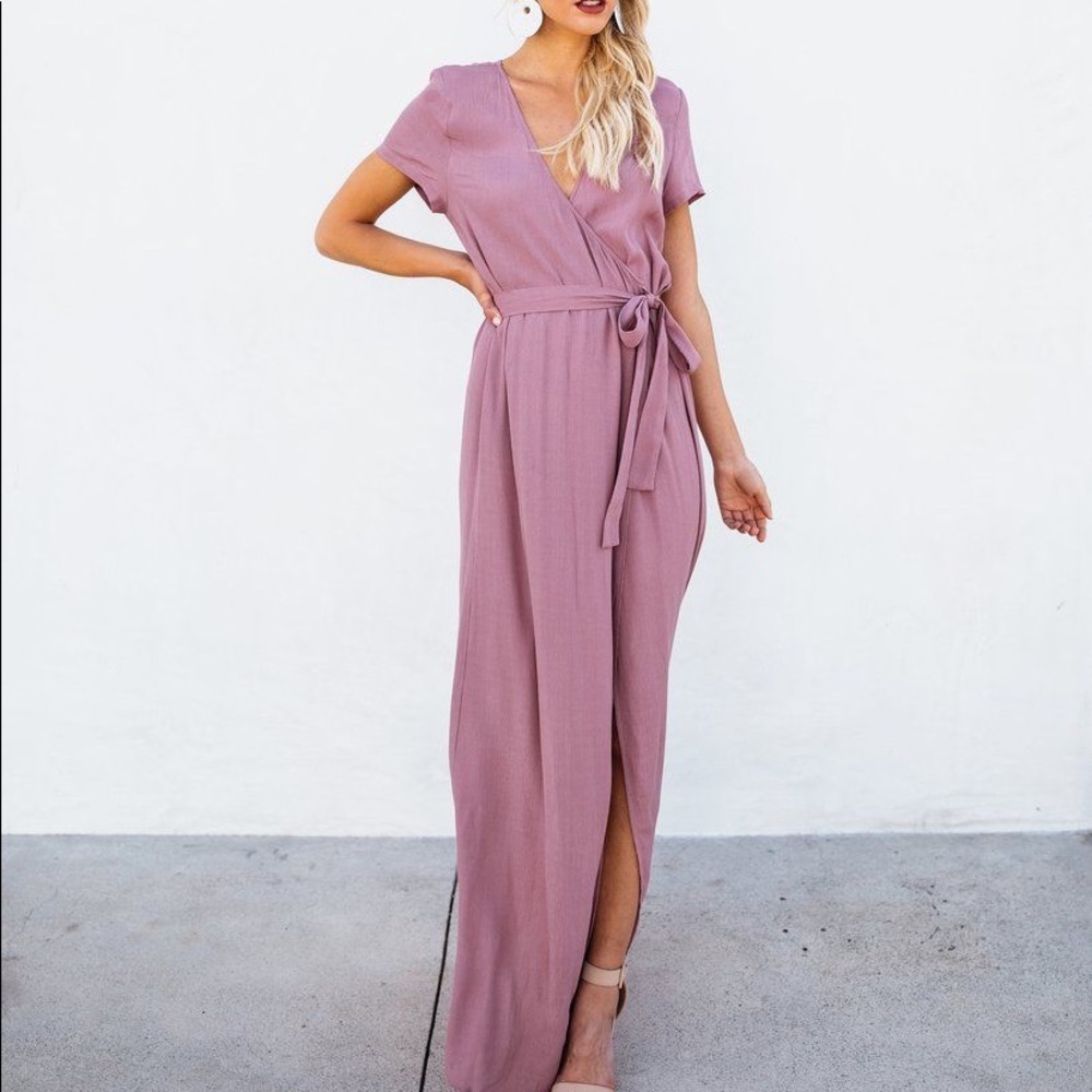 Short Sleeve Solid Bardot Wrap Maxi Dress Mauve